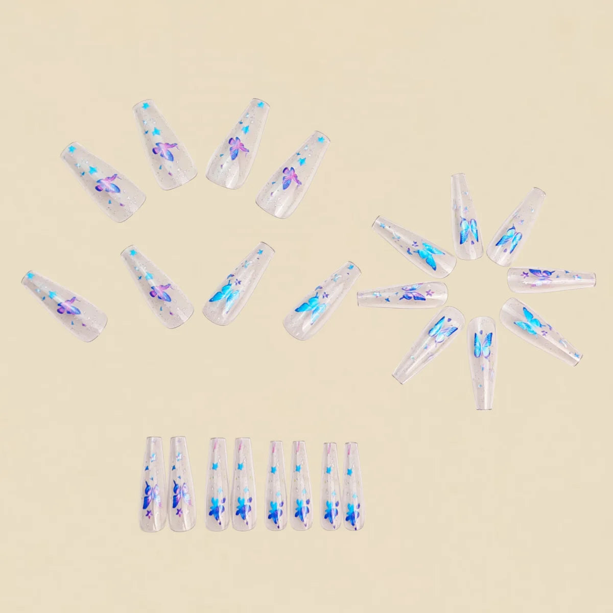 Medium Fake Nails for Women Gilrs Half Clear Ballet Nail Tips Gradient Purple Blue Butterfly Design Full Cover Press On Nail Set