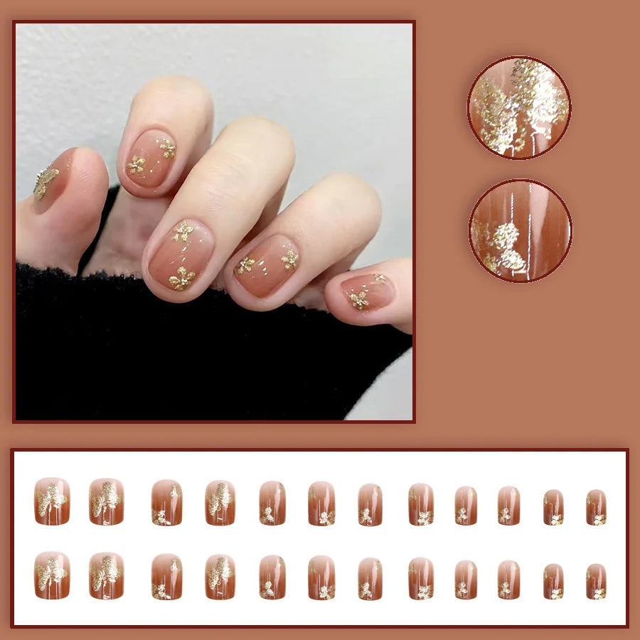 Gold Leaf Flower & Butterfly Spring Press-On Nails – Short/Medium Square