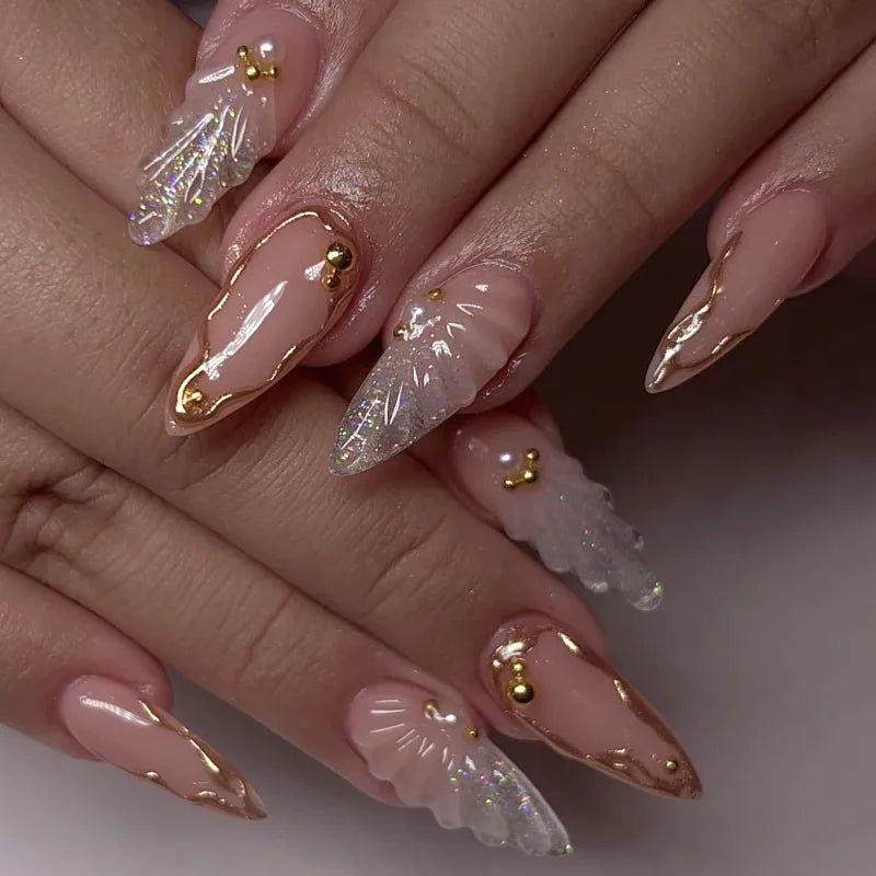 3D Fake Nails Gradient Pink Purple Green Blue Orange Embossed Flowers Fruit Metallic Rhinestones Medium Tips Press On False Nail
