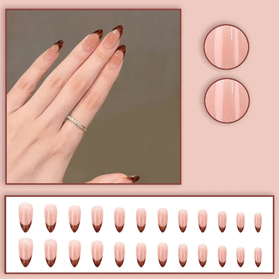Nude brown fake nails for women gilrs leopard print glossy french Medium almond nail tips full cover press on acrylic false nail