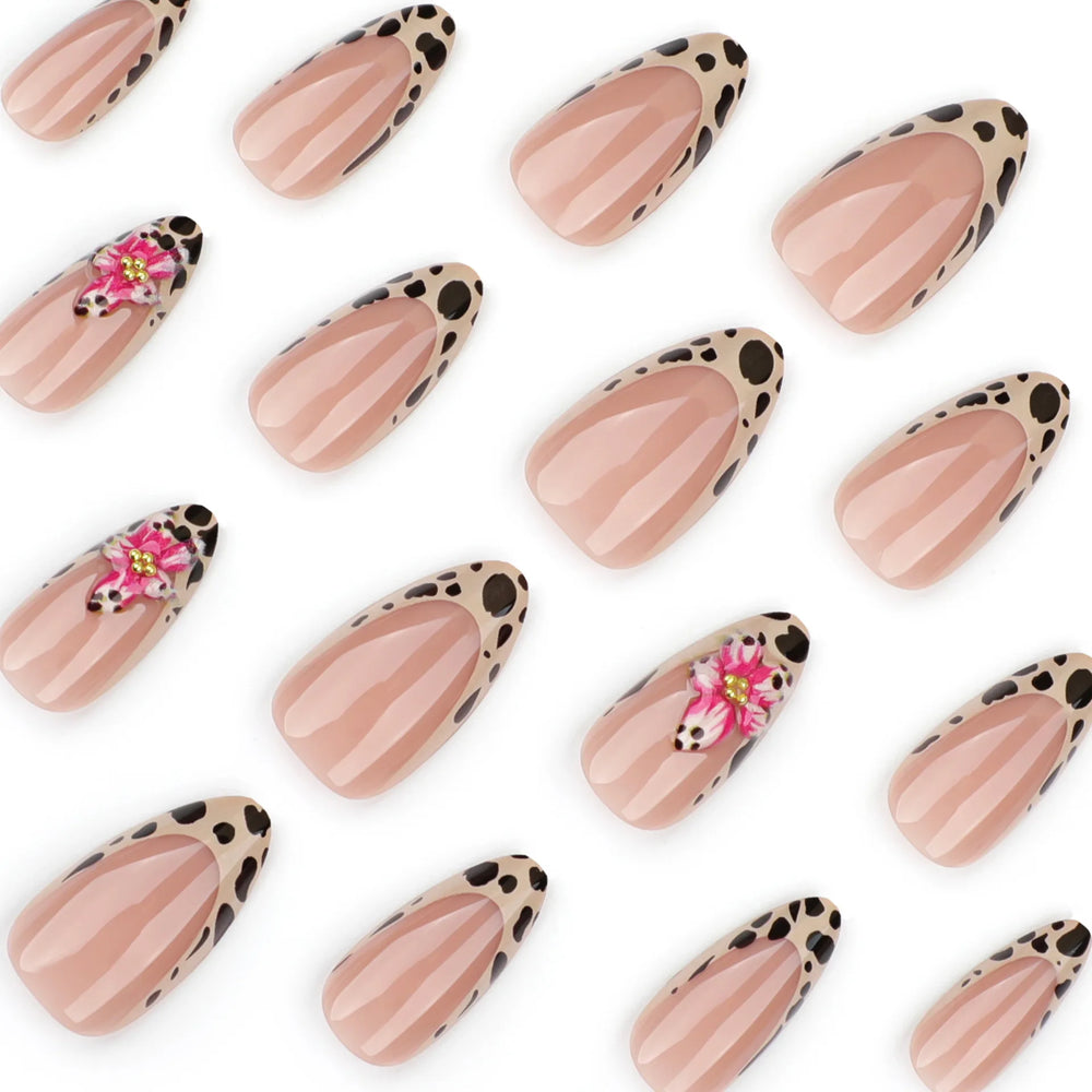 Leopard & Floral French Tip Press-On Nails – Almond, 24 Pcs
