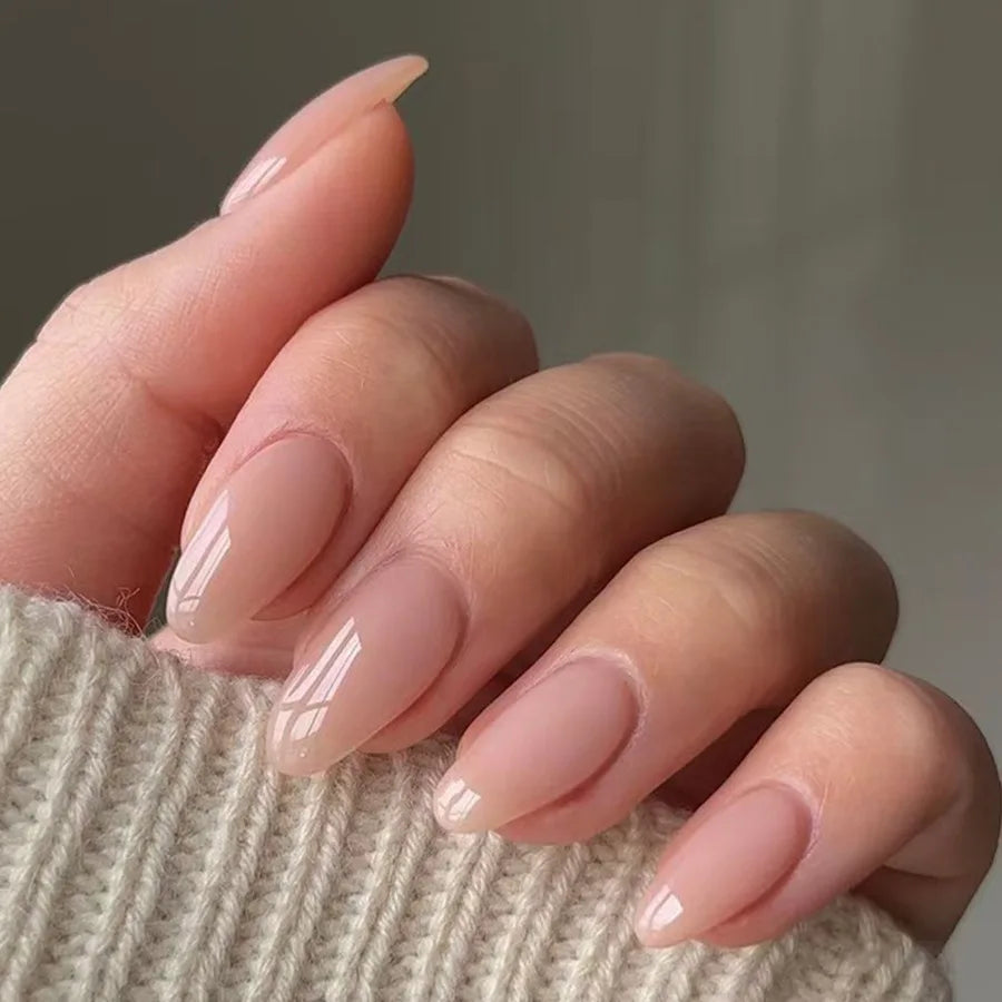 Medium fake nails for women gilrs glossy gradient pink nude almond nail art tips full cover press on acrylic false nail art set