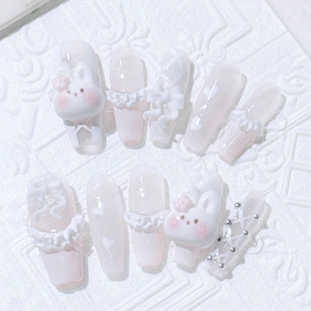 Light Pink French 3D Rabbit Handmade Press-On Nails – Long Coffin, 10 Pcs