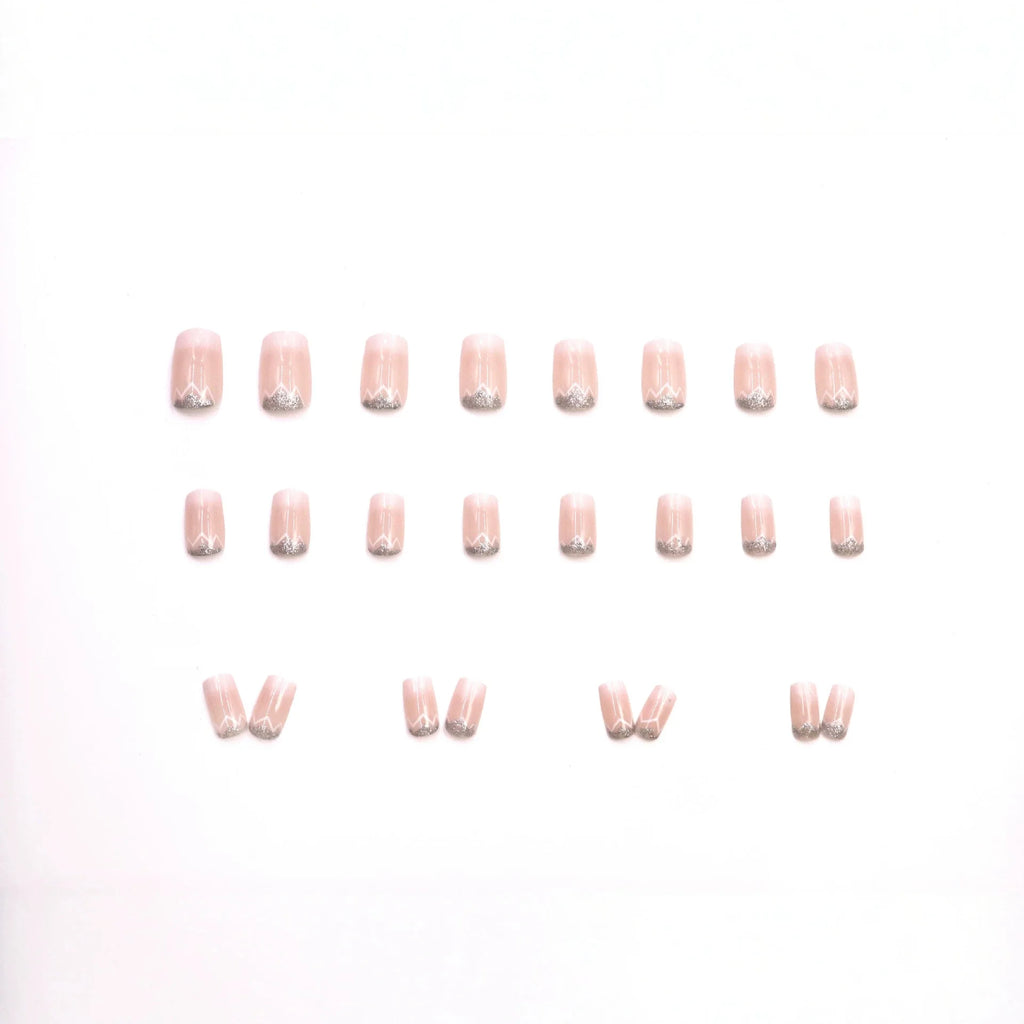 Gradient nude pink fake nails for women Square shape nail tips with silver glitters full cover press on Artificial Nails set