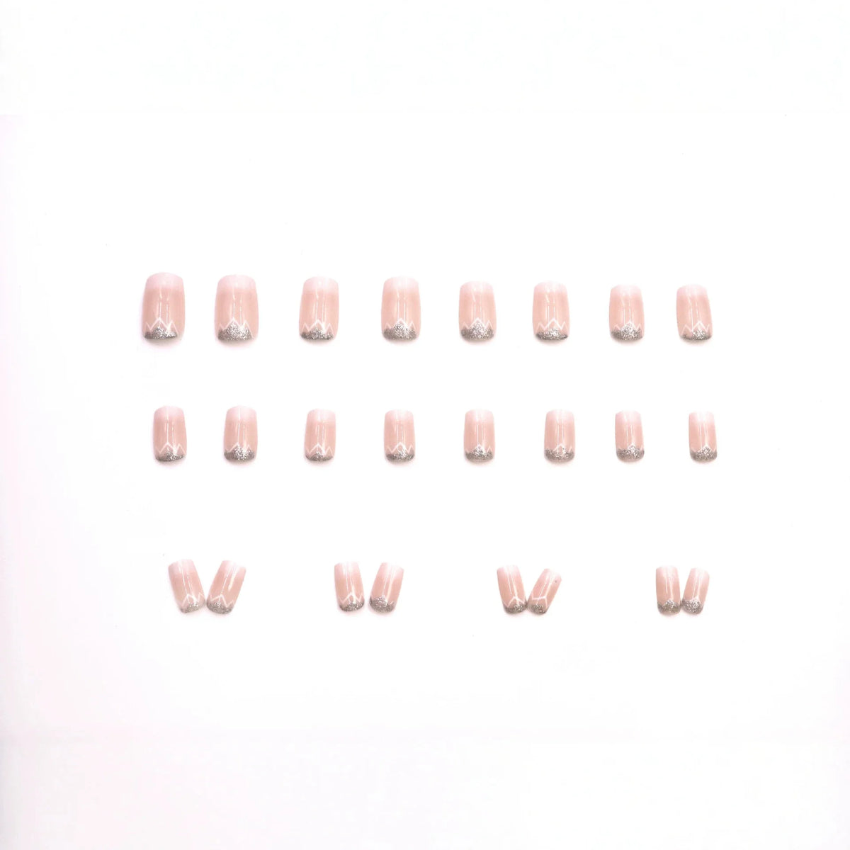 Gradient nude pink fake nails for women Square shape nail tips with silver glitters full cover press on Artificial Nails set