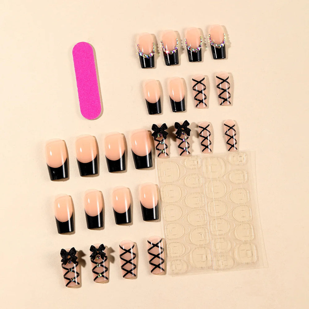 Black Cross Strap French 3D Bow Press-On Nails – Long Ballet, 24 Pcs