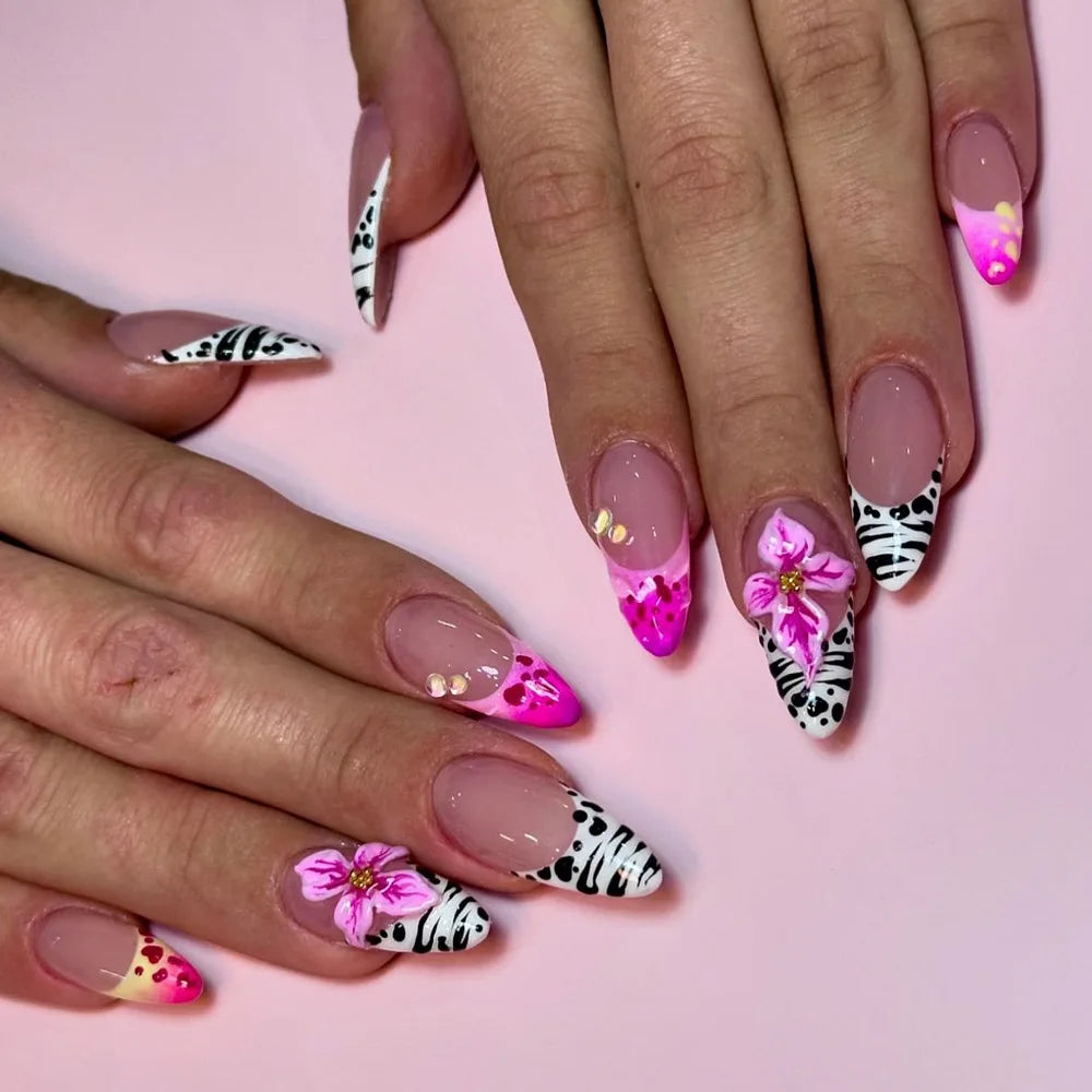 Medium long fake nails for women gilrs 3D flowers with leopard print gradietn pink nude square almond nail tips press on nails