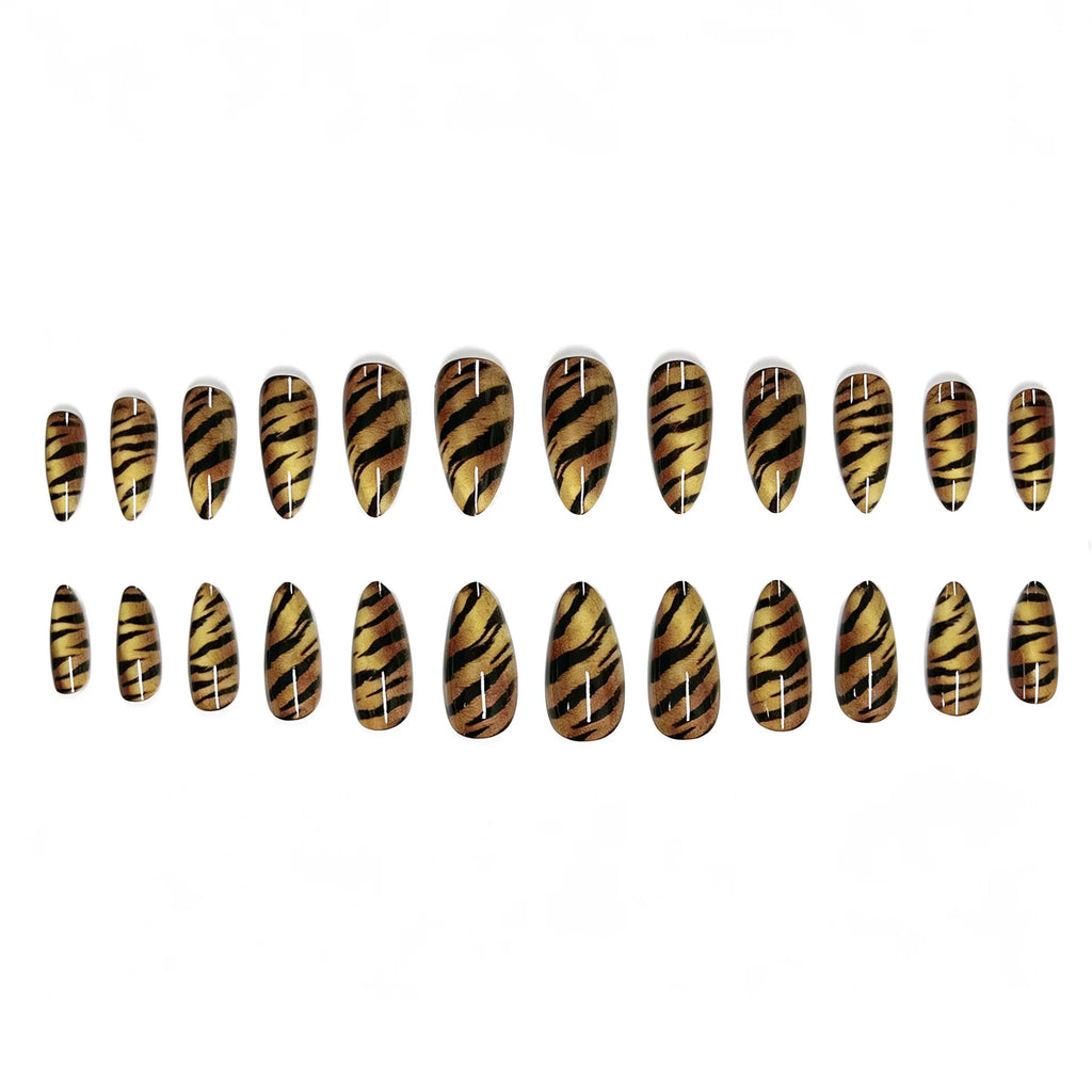 Medium fake nails for women Yellow black tiger strips printing glossy almond nail tips full cover press on false nail art set