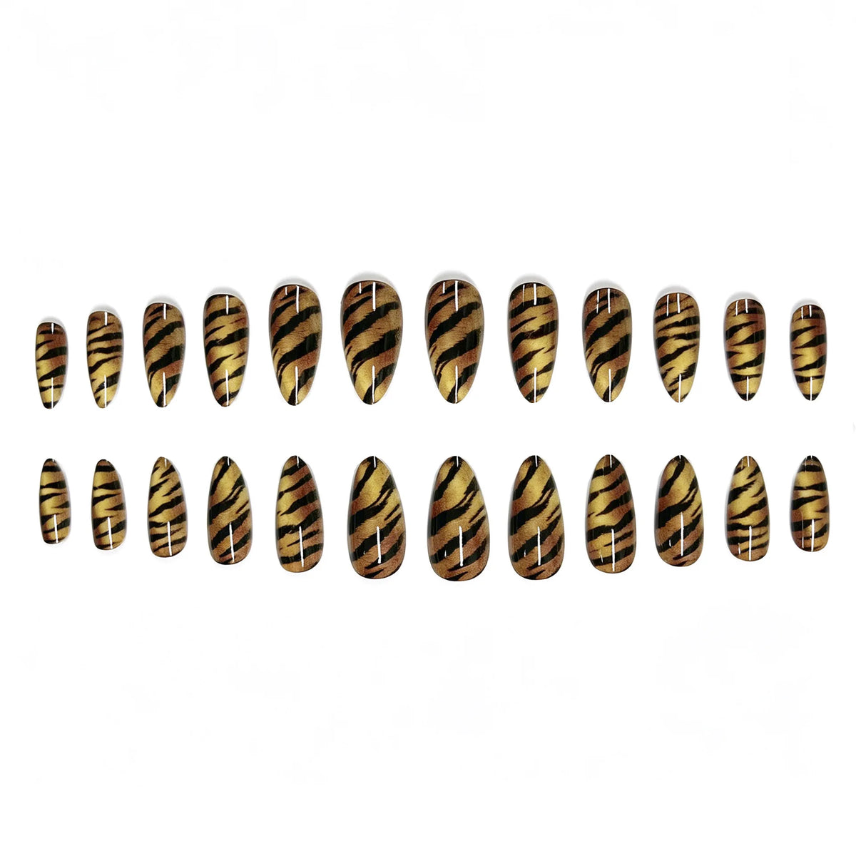 Medium fake nails for women Yellow black tiger strips printing glossy almond nail tips full cover press on false nail art set