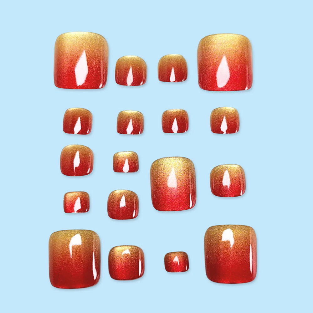 Wine Red Cat-Eye Gold Shimmer Press-On Toenails – Short Square, 24 Pcs