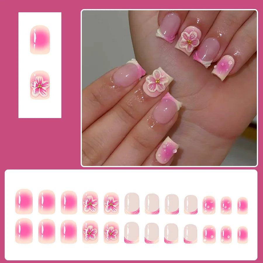 Short Medium fake nails for women 3D embossed flowers gradient Nude pink colors full cover press on acrylic false nail art