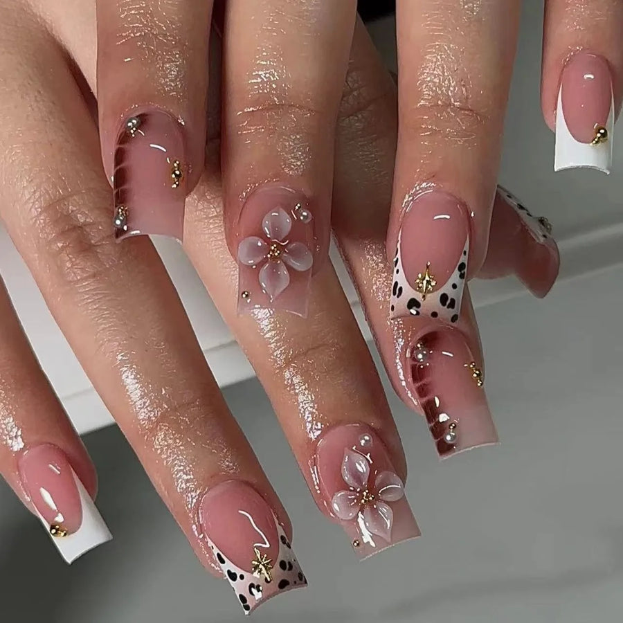 3D Leopard Flower & Butterfly Bow French Frame Press-On Nails – Medium Square, 24 Pcs