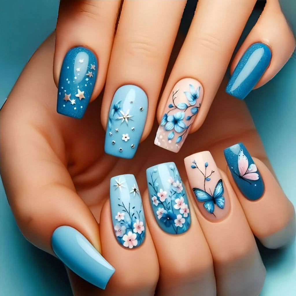 Medium fake nails for women Nude blue colors with flowers butterfly printing Square nail tips full cover press on false nail art