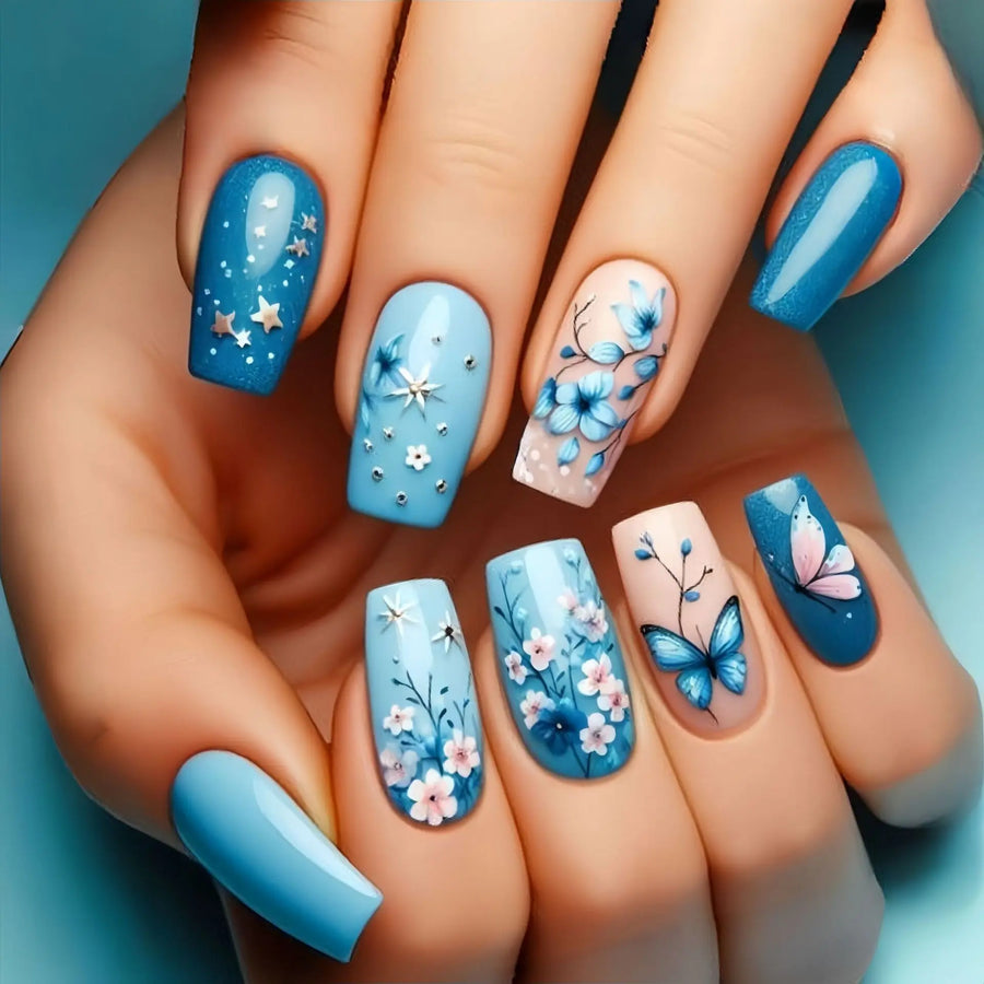 Nude Blue Flower & Butterfly Press-On Nails – Medium Square