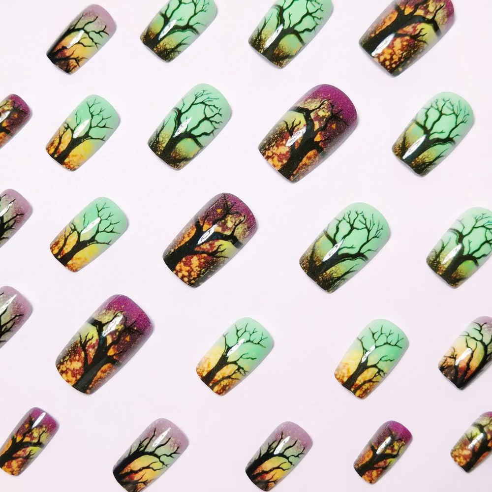 Yellow Green Mysterious Forest Halloween Press-On Nails – Medium Square