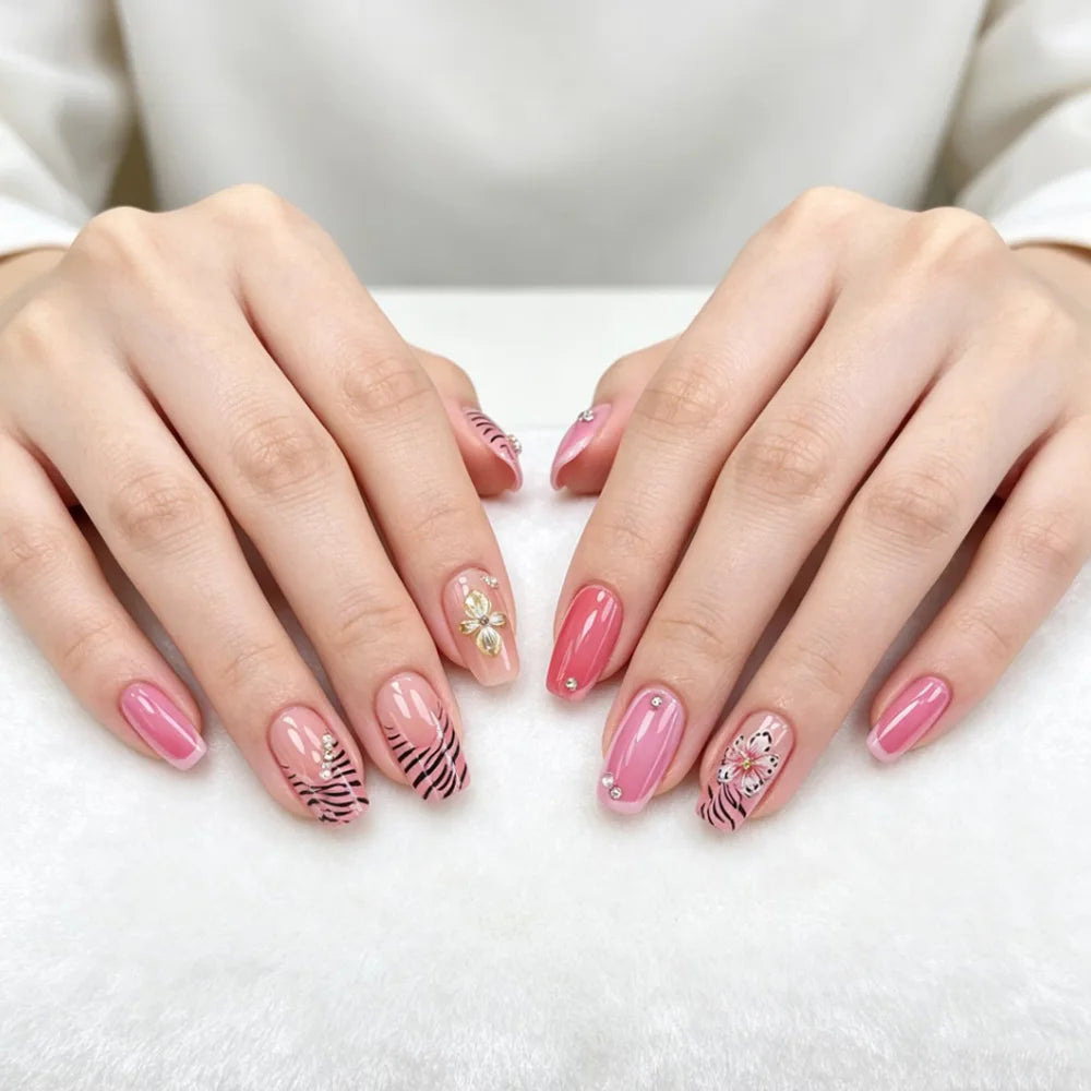Medium Square fake nails for women 3D embossed flowers with rhinestones french style leopard print press on false nail art