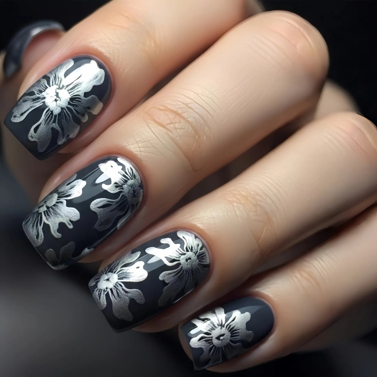 Short Medium fake nails for women girls golden silver learf flowers design gradient orange grey almond square tips press on nail