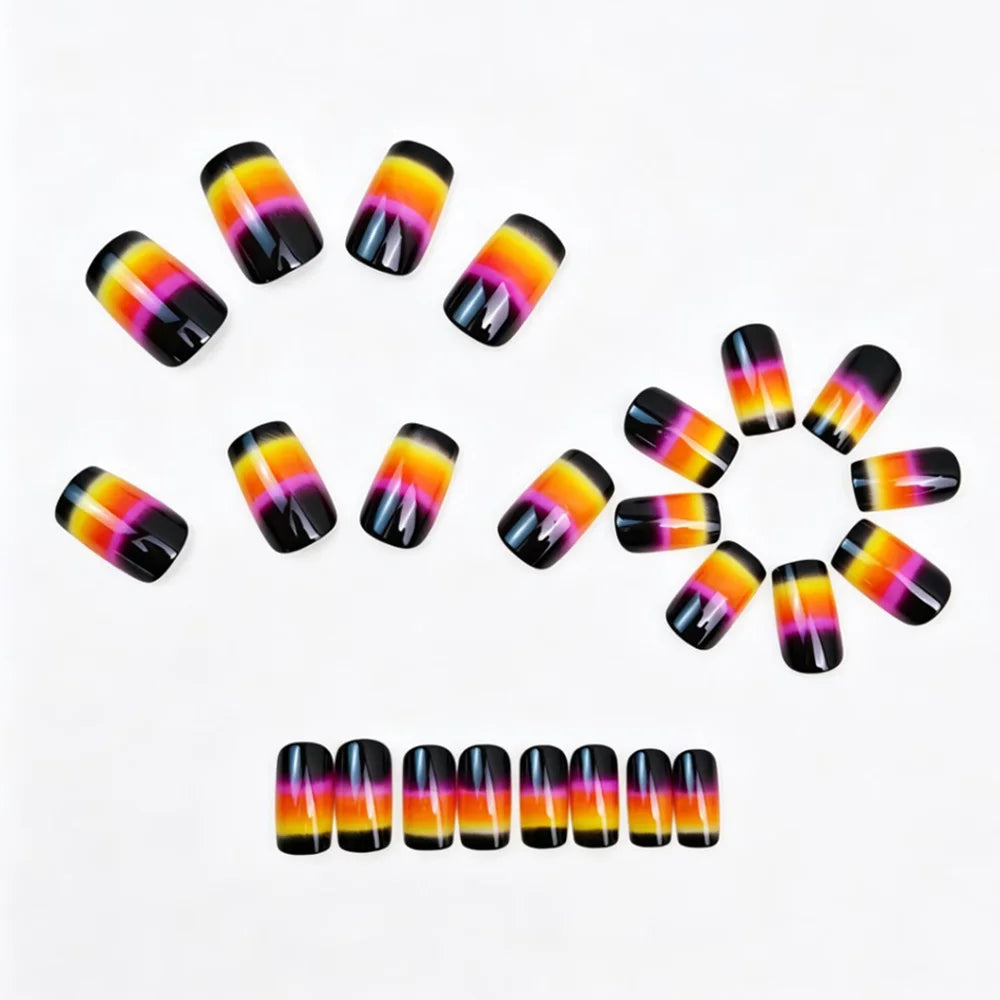 Medium fake nails for women gilrs Y2K colors yellow black pink purple colors square nail tips full cover press on false nail art