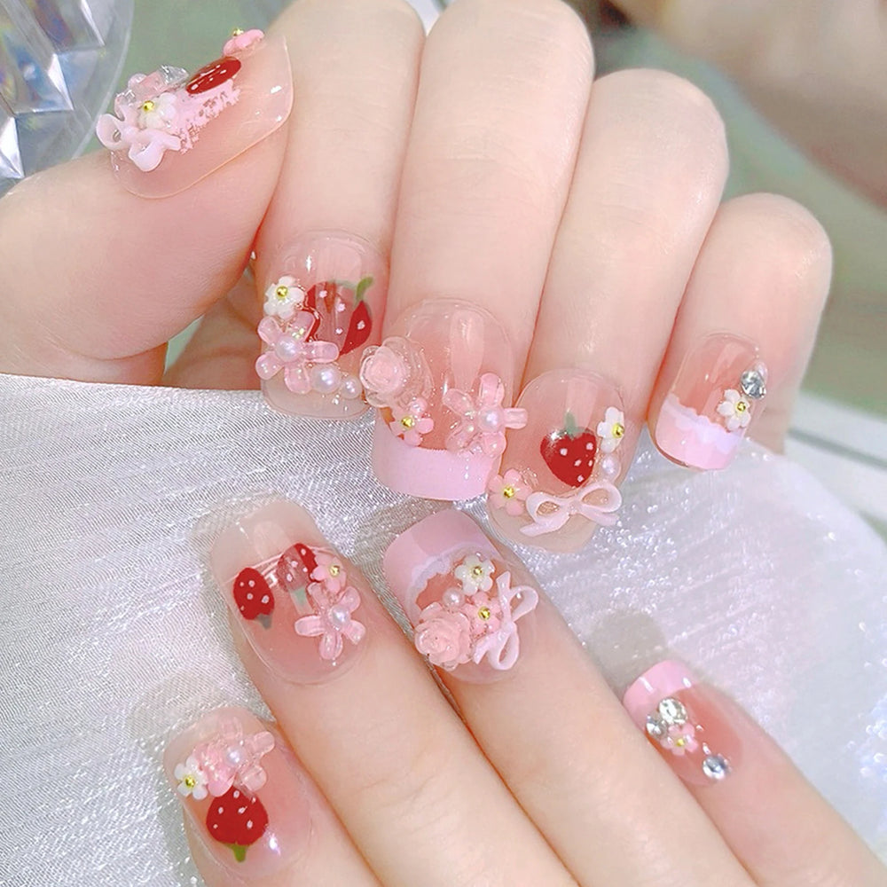 Red Strawberry & Bow French Press-On Nails – Short Square, 24 Pcs