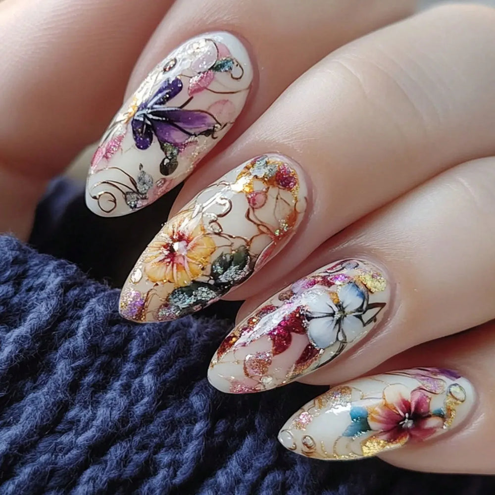 Hand-Painted Botanical Flower Press-On Nails – Almond, 24 Pcs