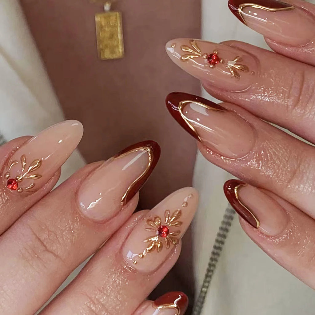 3D fake nails for women girls french style dark red nude almond shape embossed flowers with rhinestones press on false nail art