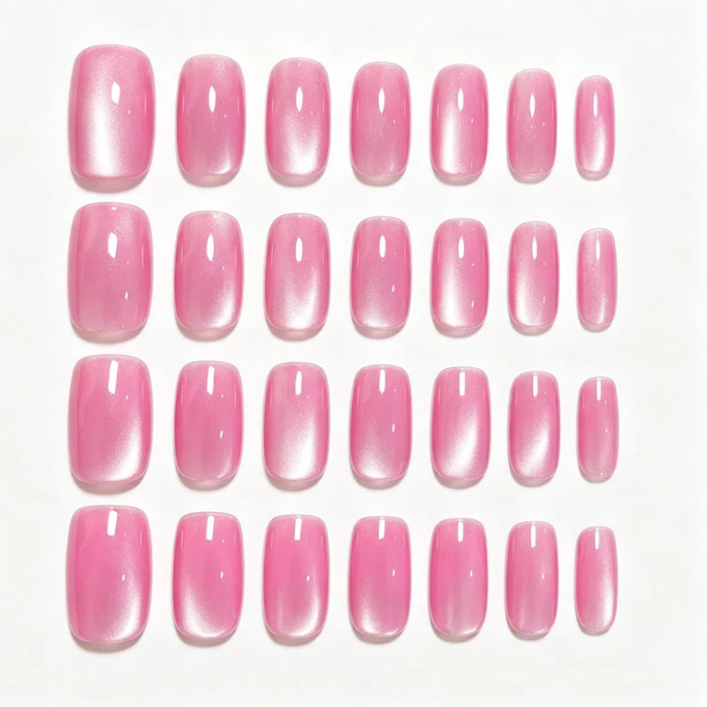 24pcs/set Medium fake nails for women Pink shimmer cat eyes glossy square nail tips full cover reusable press on false nail art
