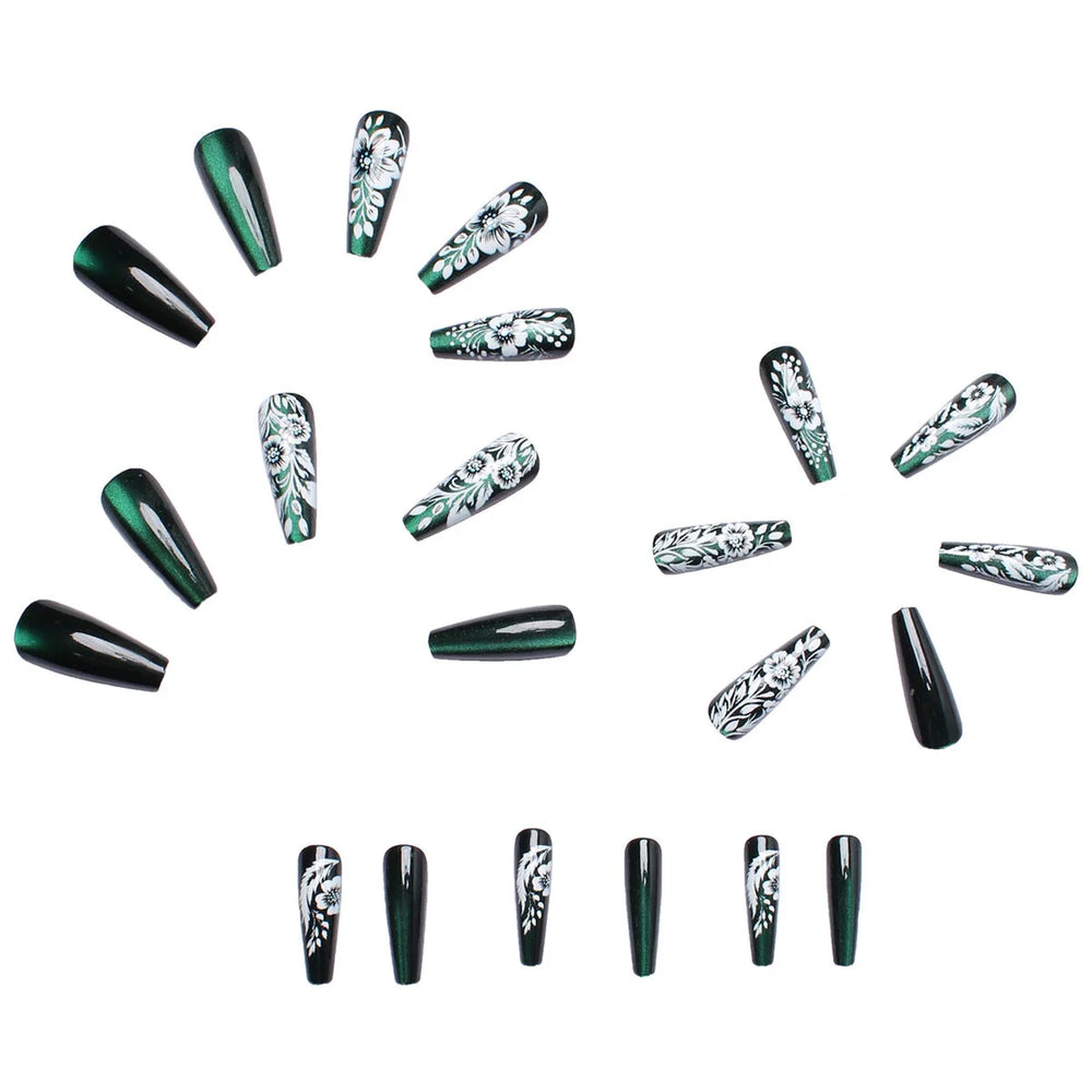 Green Cat Eye & Purple Pink Flower Press-On Nails – Medium Long