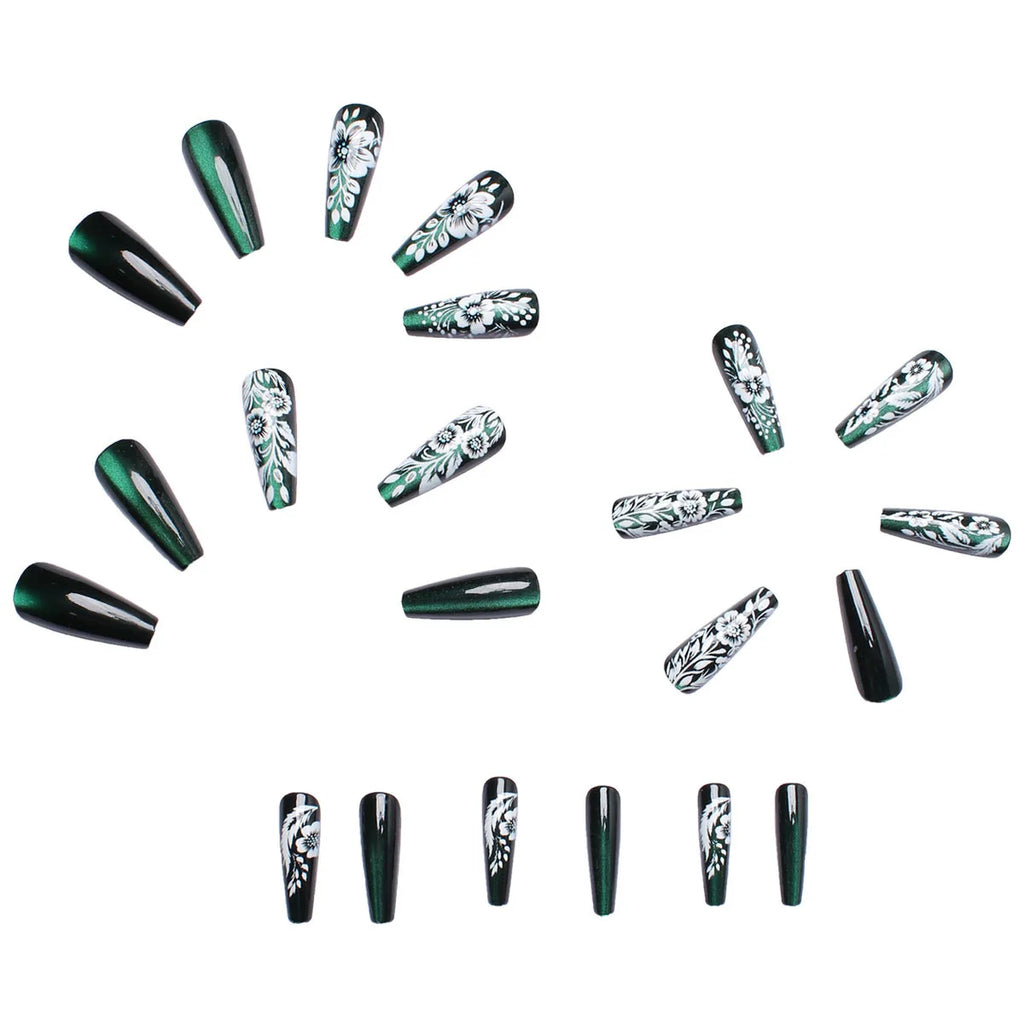 Medium long fake nails for women girls Glossy green cat eyes with white flowers, gradient purple pink flowers press on nail art