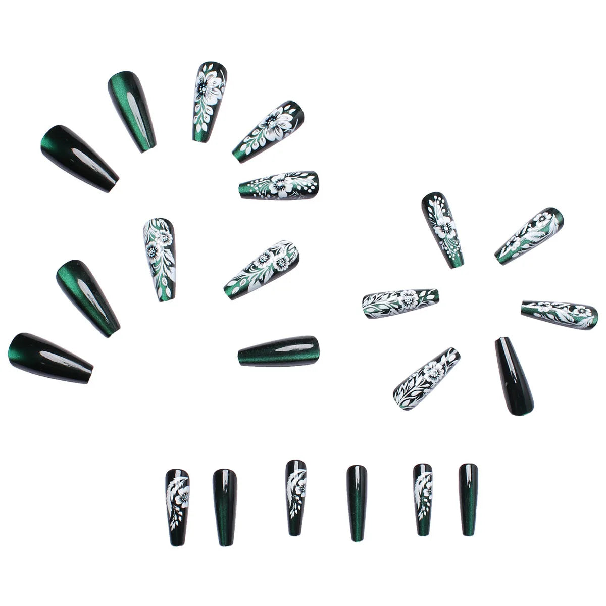 Medium long fake nails for women girls Glossy green cat eyes with white flowers, gradient purple pink flowers press on nail art