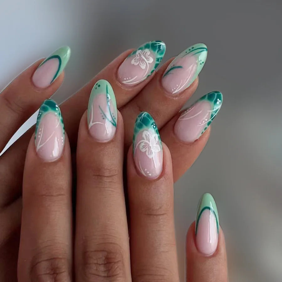 Sweet Pink Flower Gold Stripe Press-On Nails – Short Almond, 24 Pcs