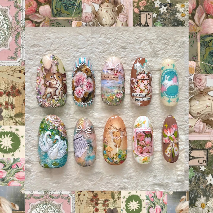 Vintage Floral Field Journal Press-On Nails – Almond, 24 Pcs