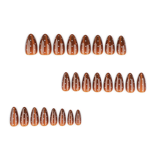 24pcs/set Brown cat eyes fake nails with white polka dots glossy almond tips for Autumn winter full cover reusable press on nail