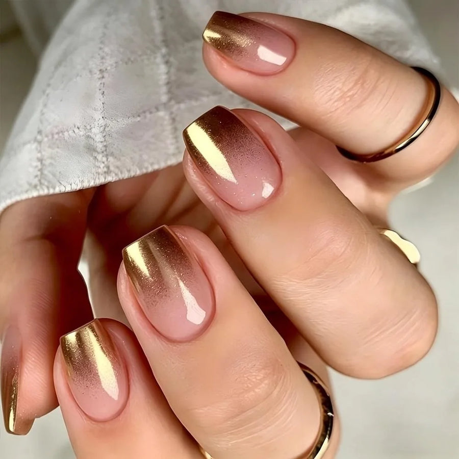 Nude Gold Gradient Ballet Press-On Nails – Short, 24 Pcs