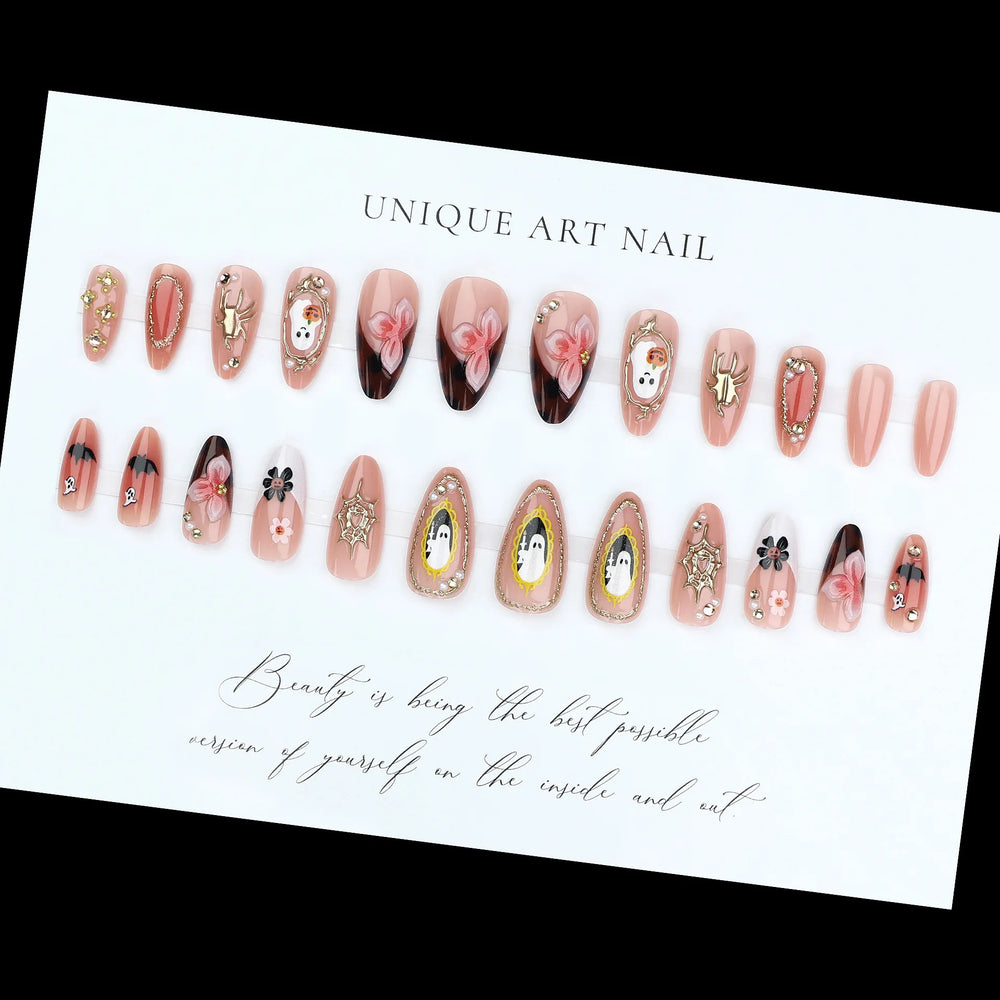 Pink Ghost & Pumpkin Halloween French Press-On Nails – Almond, 24 Pcs