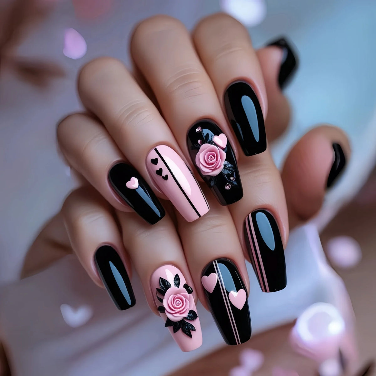 24pcs/set Medium long fake nails Gradient pink red blue flowers heart for Autumn Winter almond ballet tips press on false nail