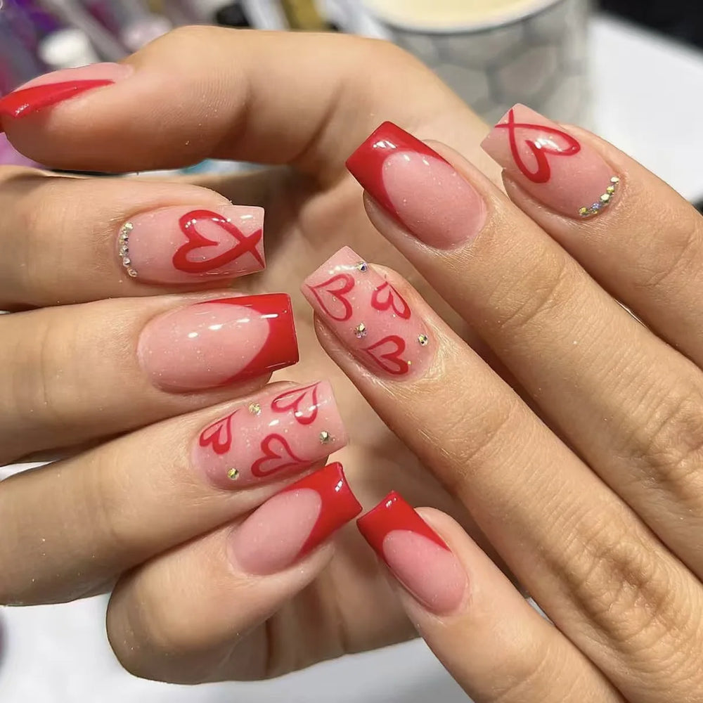 Red Heart Rhinestone Valentine's French Press-On Nails – Medium Square