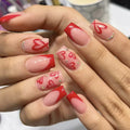 Medium square fake nails for Valentine's Day cute red heart with rhinestones design full cover french nail tips press on nails
