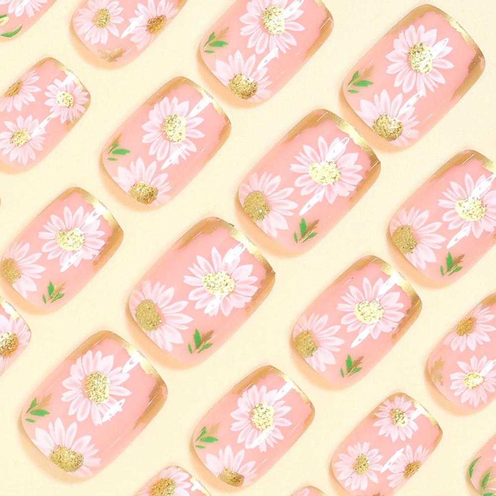 Gold & White Flower Stripe Frame French Press-On Nails – Short Square