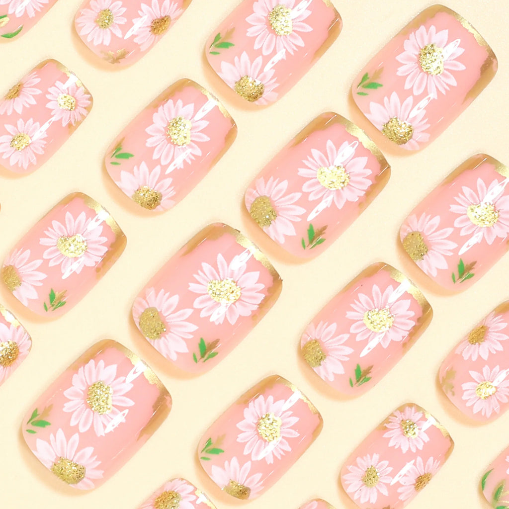 Short Square Fake Nails Golden White Flowers with Strips Frame for Spring Summer French Style Full Cover Press On Acrylic Nail