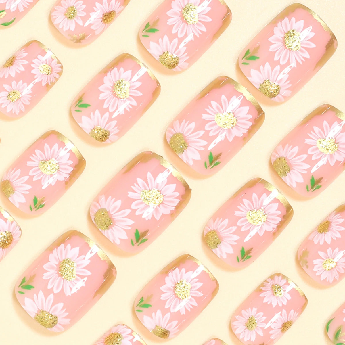 Short Square Fake Nails Golden White Flowers with Strips Frame for Spring Summer French Style Full Cover Press On Acrylic Nail
