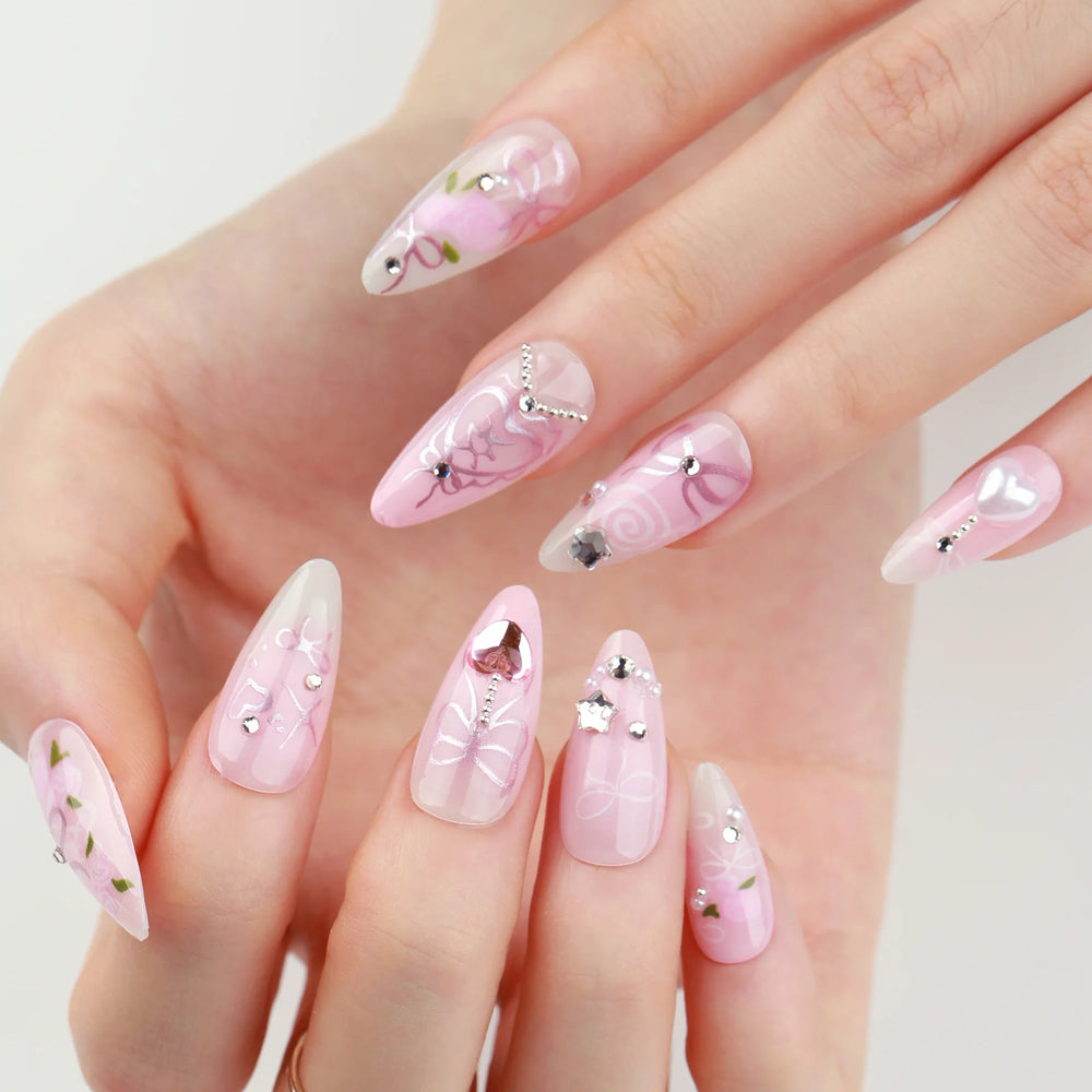 Cherry, Bow & Strawberry Blush Press-On Nails – Almond, 24 Pcs