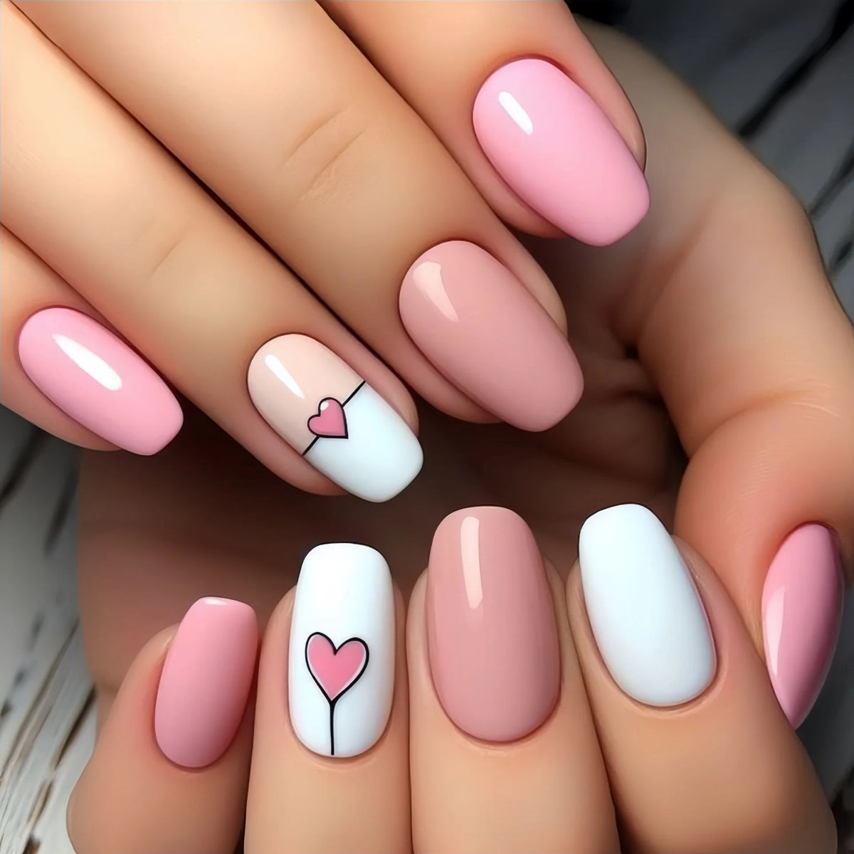 Short Medium fake nails for women girls pink red rose cute heart design for Valentine's Day Square nail tips press on false nail