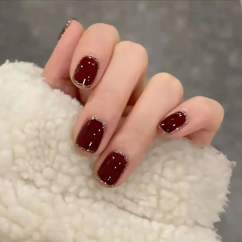 Short Medium fake nails for women girl wine red colors with glitters design Square nail tips Valentine'S Day press on false nail