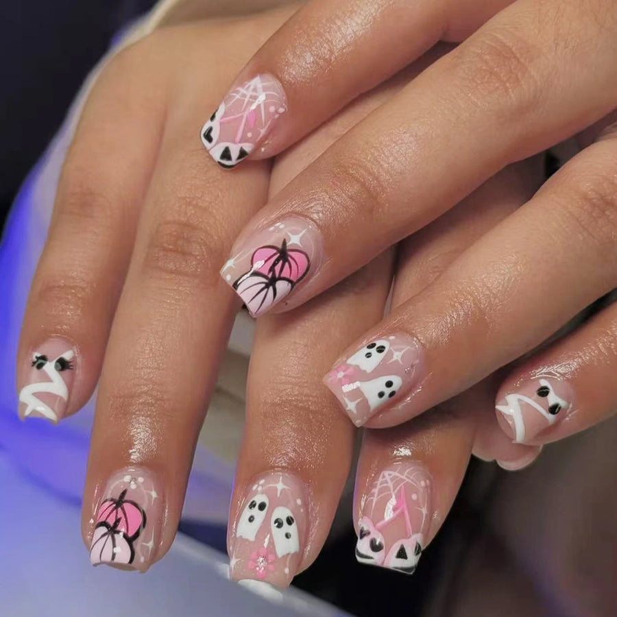 Pink Ghost & Pumpkin French Tip Press-On Nails – Short Square, 24 Pcs