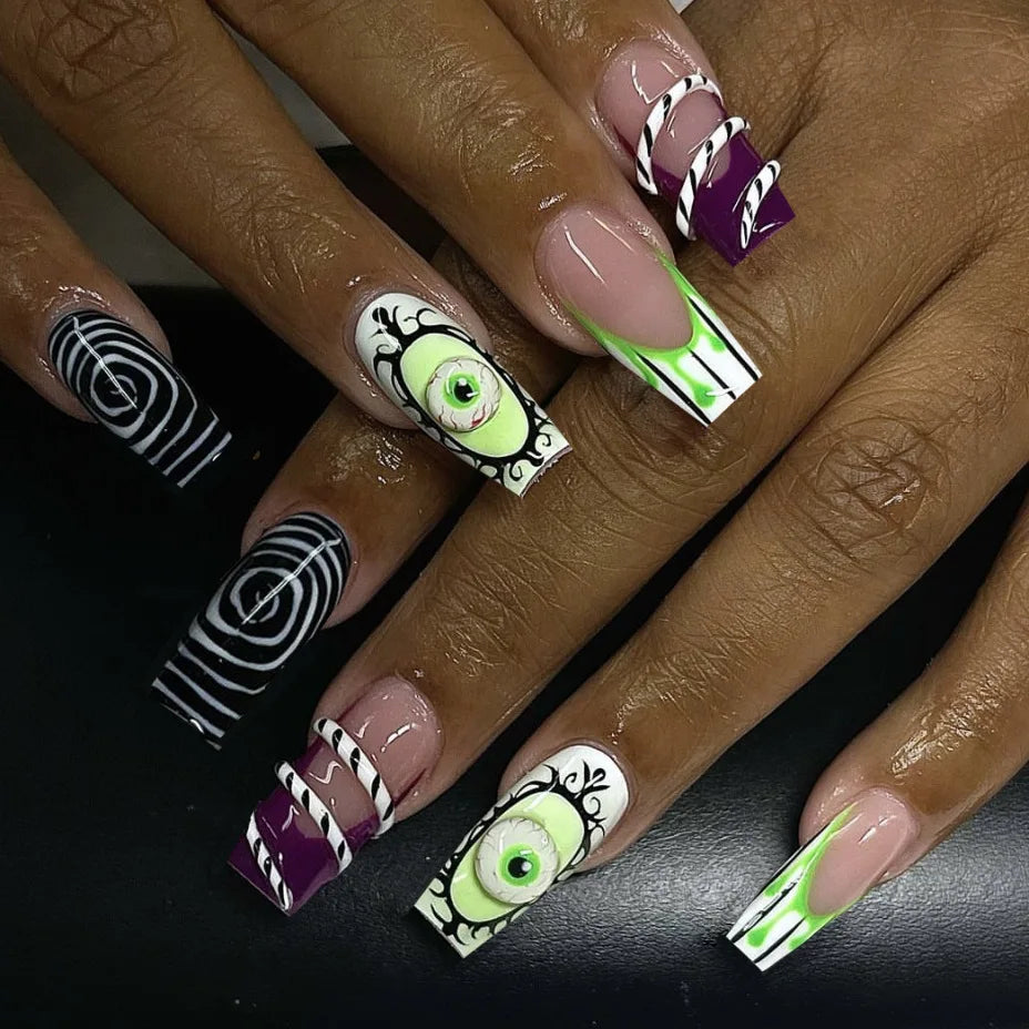 Circus Clown Ghost Halloween Press-On Nails – Long Stiletto, 24 Pcs