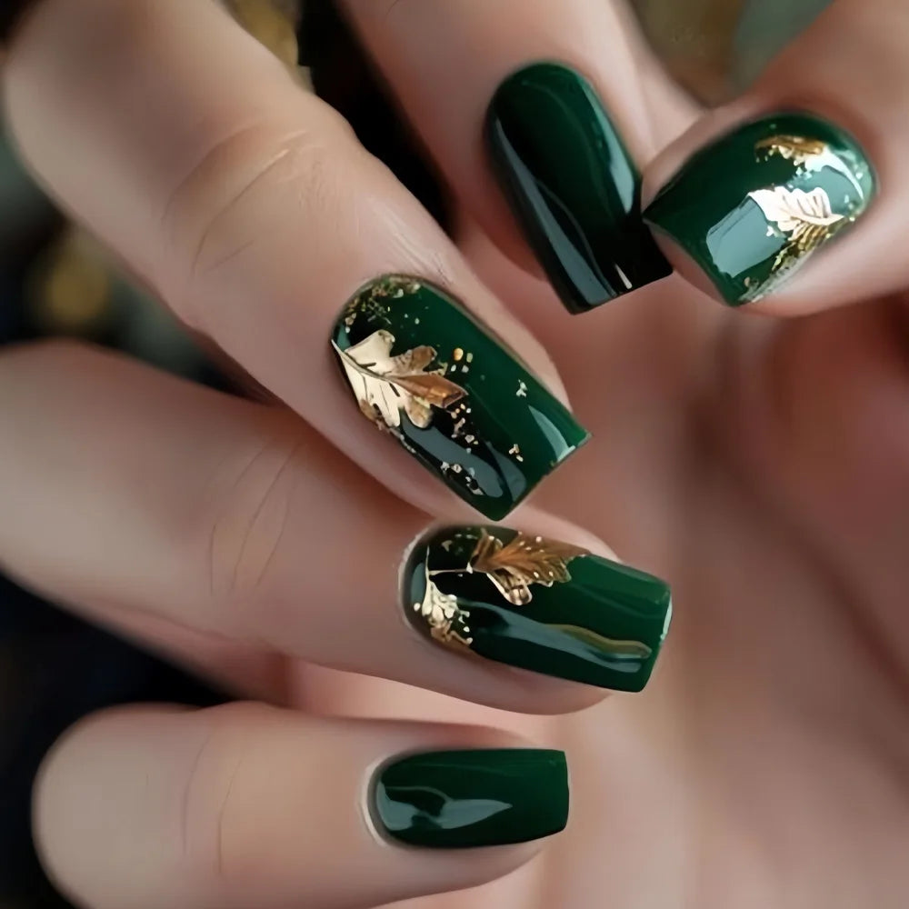 24pcs/set Medium long fake nails for Spring summer season Flowers leaf gradient color Square almond tips press on false nail art