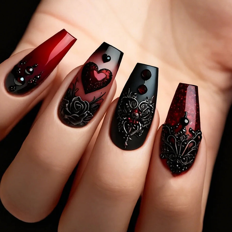 Black & Red Gradient Heart Valentine's Ballet Almond Press-On Nails – Medium