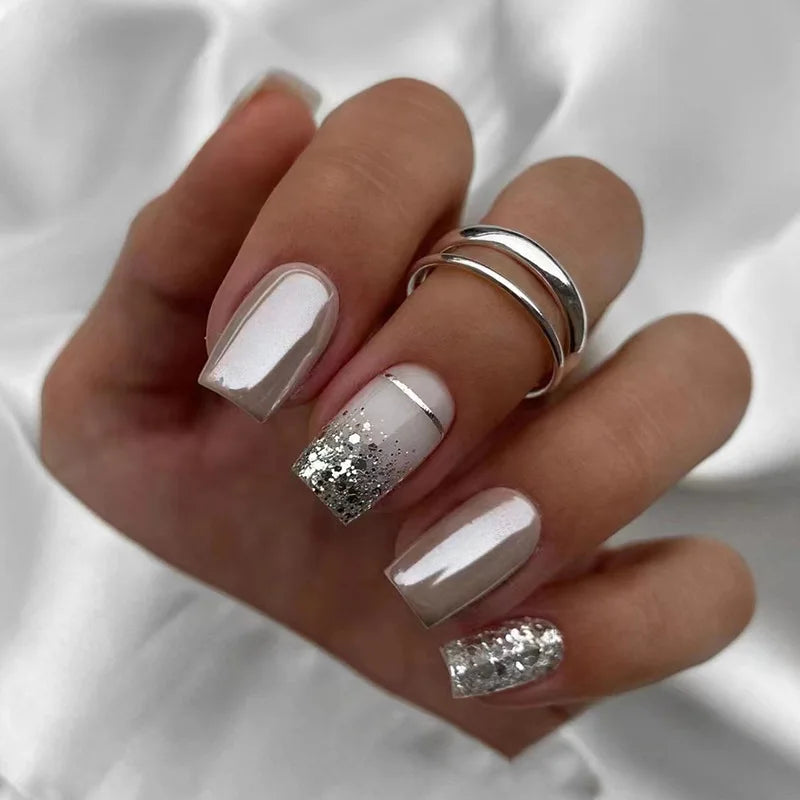 Short Square fake nails for women glossy brown tips golden silver glitters with strips design full cover press on false nail art