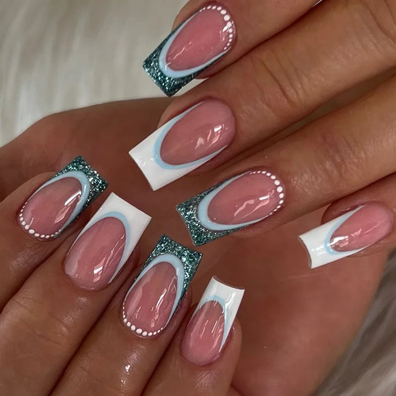 24pcs/set fake nails for women girls super flash Champagne Gold or nude green colors square shape reusable press on false nails