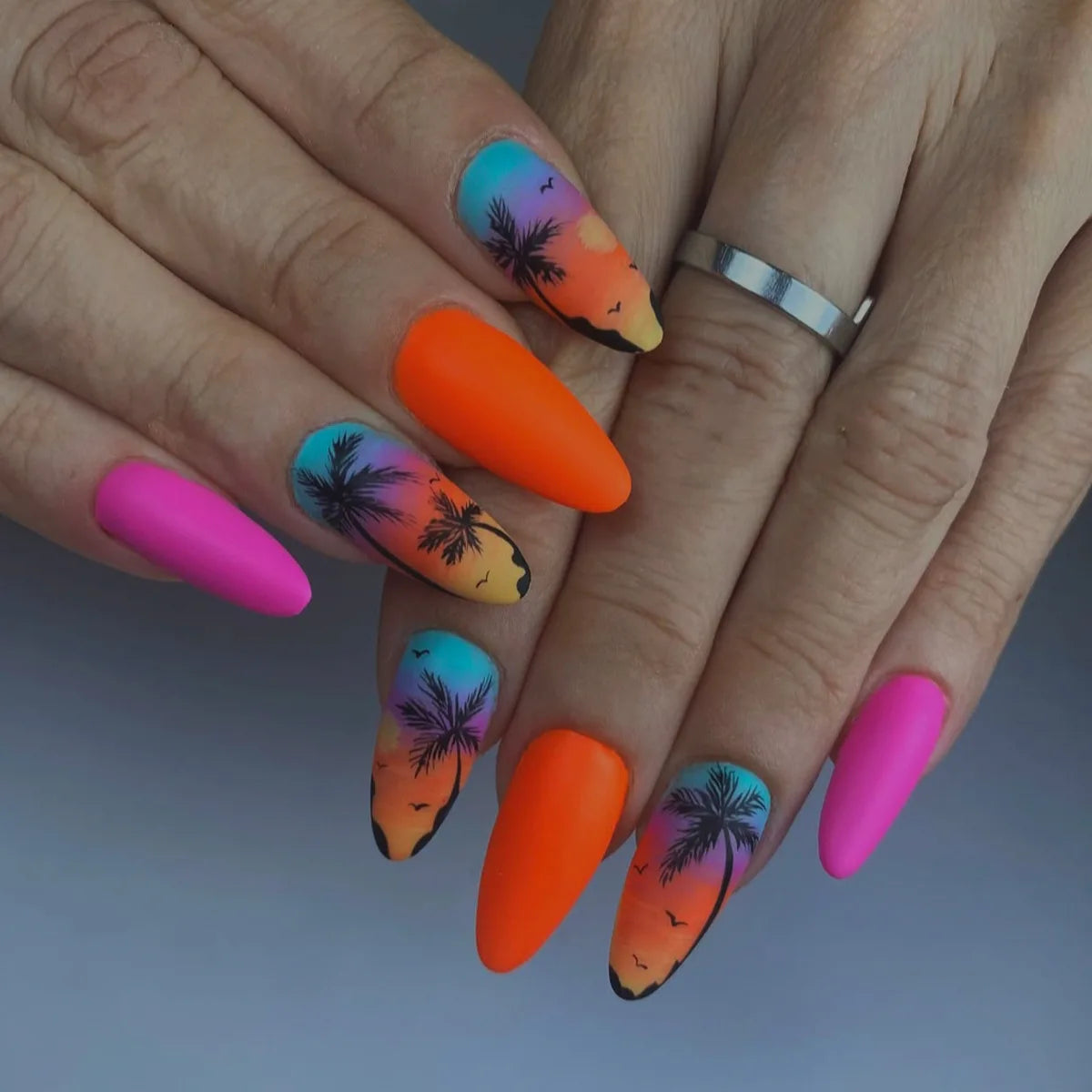 Short Medium fake nails for women girls Gradient purple pink blue flame Desert Sunset Cactus Y2K Square tips press on false nail